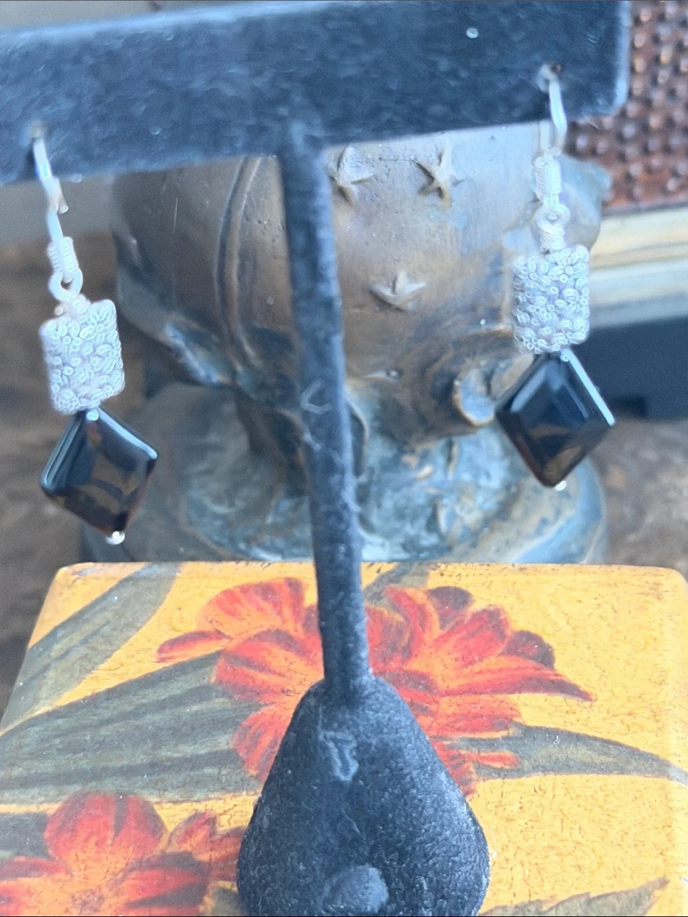Black onyx pierced Earrings sterling silver wires diamond shaped onyx delicate